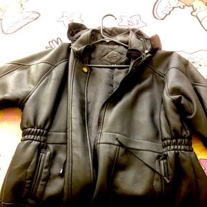 Black leather jacket with hoodie